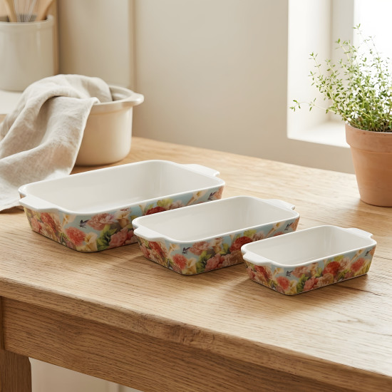Floral Porcelain Casserole Set 3 Pcs